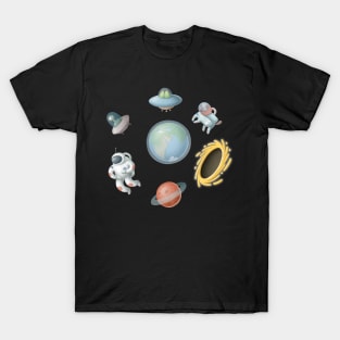 Astronaut, Dogstronaut and Aliens. T-Shirt